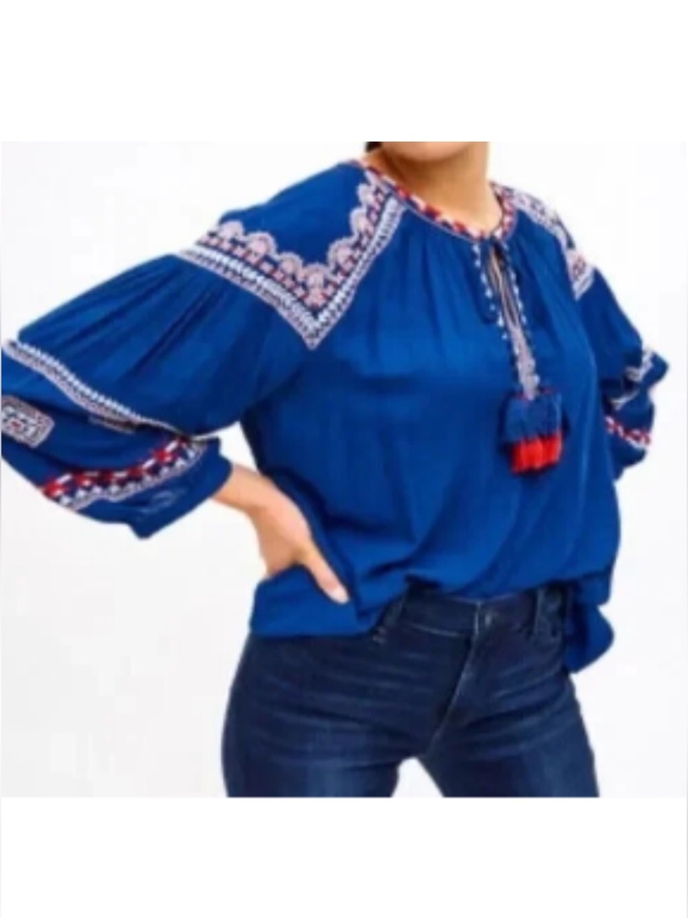 LOFT Embroidered Tassel Blouse Top Folk Americana Peasant Summer Resort Vacation